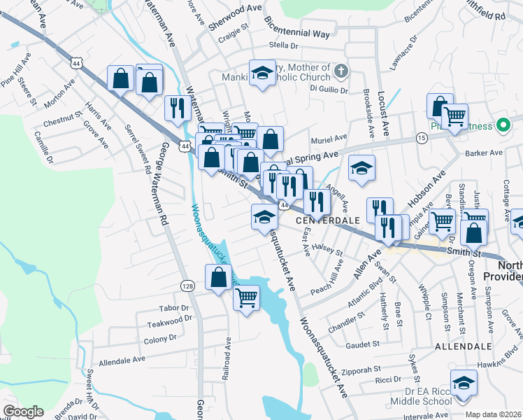 map of restaurants, bars, coffee shops, grocery stores, and more near 658 Woonasquatucket Avenue in North Providence