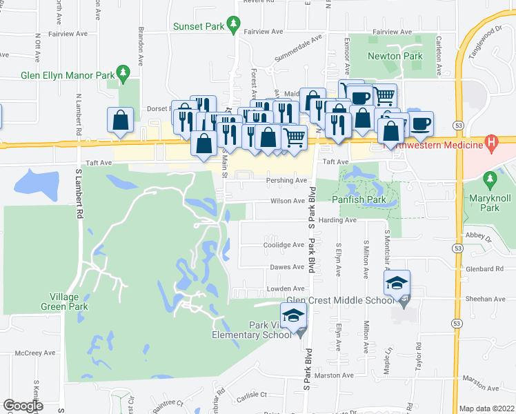 map of restaurants, bars, coffee shops, grocery stores, and more near 546 Harding Avenue in Glen Ellyn