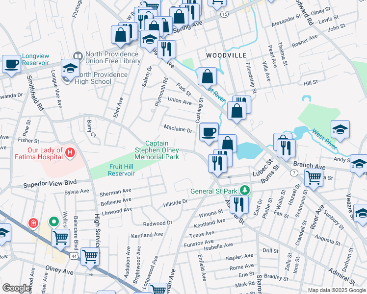 map of restaurants, bars, coffee shops, grocery stores, and more near 109 Smithfield Road in North Providence