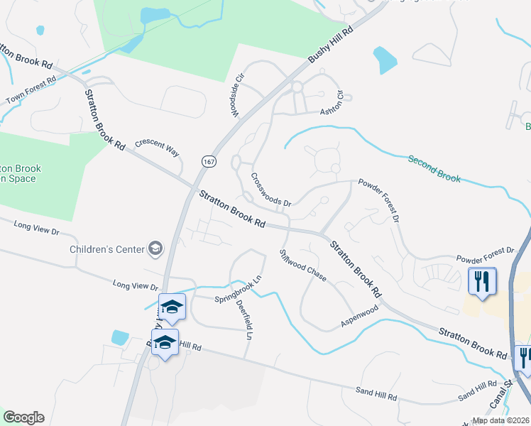 map of restaurants, bars, coffee shops, grocery stores, and more near 12 Carson Way in Simsbury