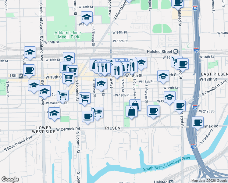 map of restaurants, bars, coffee shops, grocery stores, and more near 1160 West 19th Place in Chicago