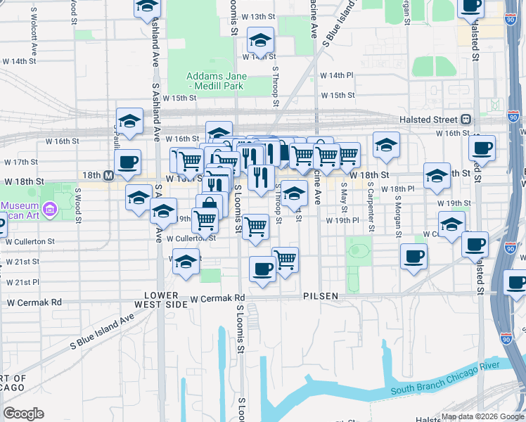 map of restaurants, bars, coffee shops, grocery stores, and more near 1329 West 19th Street in Chicago