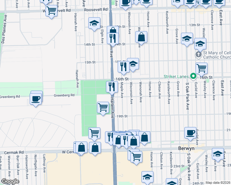 map of restaurants, bars, coffee shops, grocery stores, and more near 1641 Harlem Avenue in Berwyn