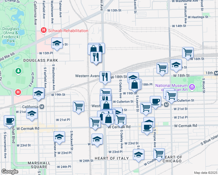 map of restaurants, bars, coffee shops, grocery stores, and more near 1853 South Western Avenue in Chicago