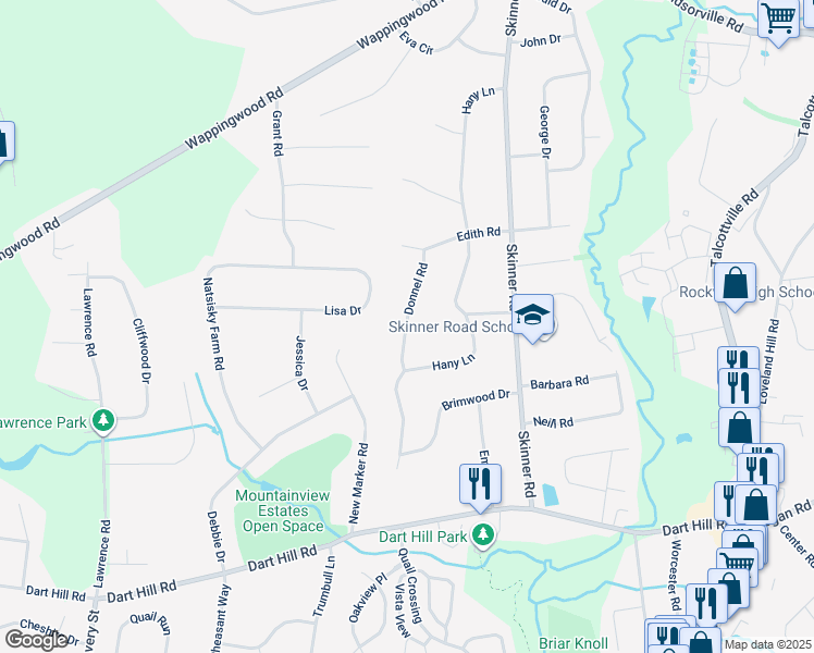 map of restaurants, bars, coffee shops, grocery stores, and more near 28 Donnell Road in Vernon
