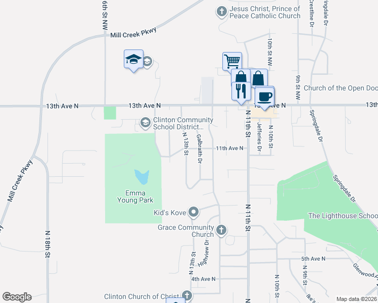 map of restaurants, bars, coffee shops, grocery stores, and more near 1000 Galbraith Drive in Clinton