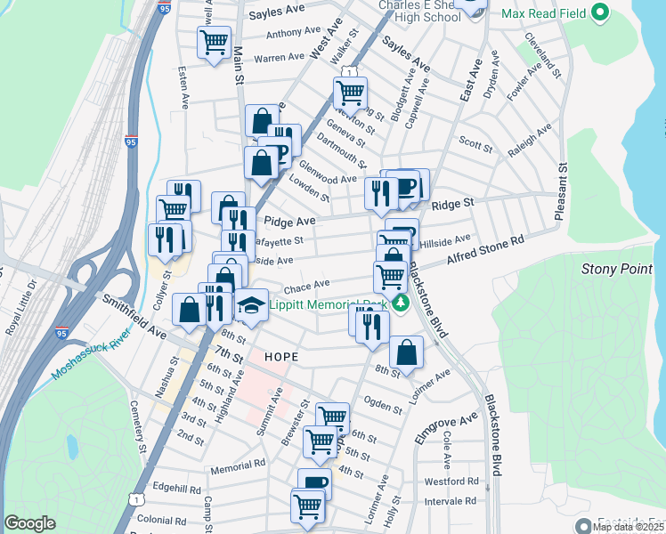 map of restaurants, bars, coffee shops, grocery stores, and more near 118 Chace Avenue in Providence