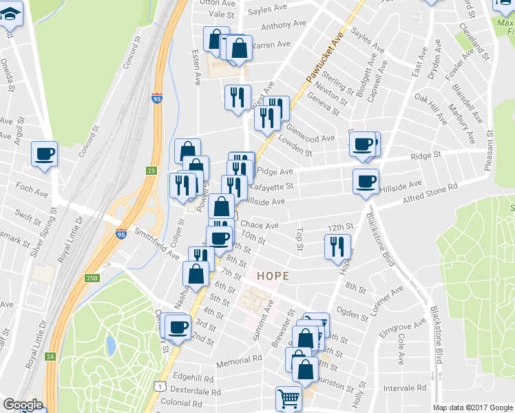 map of restaurants, bars, coffee shops, grocery stores, and more near 16 Greaton Drive in Providence