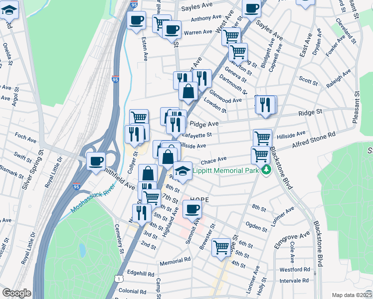 map of restaurants, bars, coffee shops, grocery stores, and more near 16 Greaton Drive in Providence