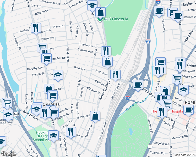 map of restaurants, bars, coffee shops, grocery stores, and more near 19 Swift Street in Providence
