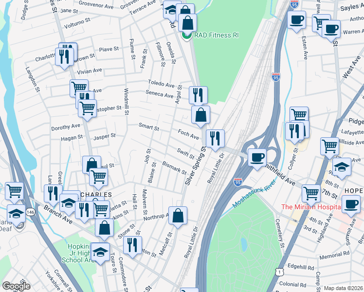 map of restaurants, bars, coffee shops, grocery stores, and more near 76 Swift Street in Providence