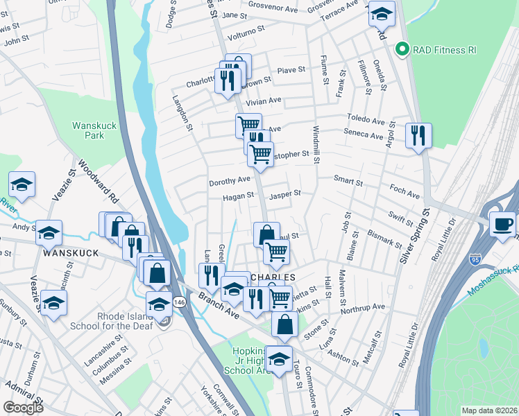 map of restaurants, bars, coffee shops, grocery stores, and more near 714 Charles Street in Providence