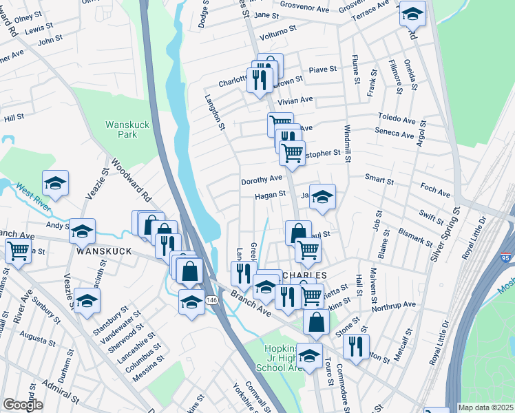 map of restaurants, bars, coffee shops, grocery stores, and more near 204 Greeley Street in Providence
