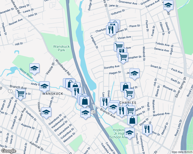 map of restaurants, bars, coffee shops, grocery stores, and more near 36 Newbury Street in Providence