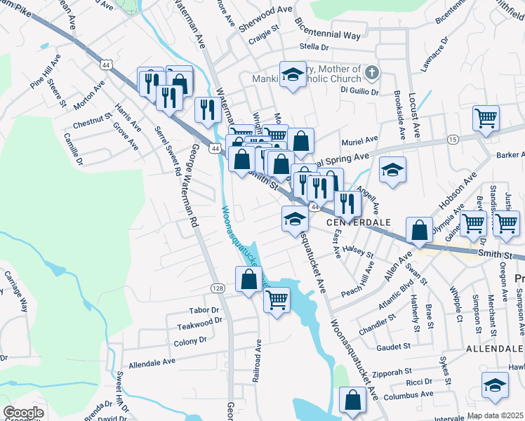 map of restaurants, bars, coffee shops, grocery stores, and more near 45 Grover Street in North Providence