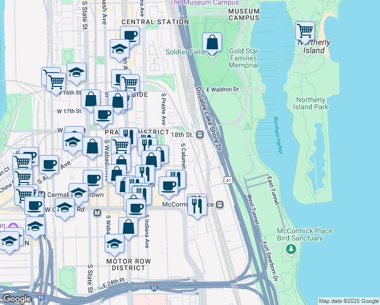 map of restaurants, bars, coffee shops, grocery stores, and more near 1843 South Calumet Avenue in Chicago