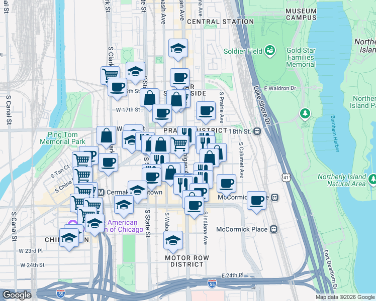 map of restaurants, bars, coffee shops, grocery stores, and more near 1925 South Michigan Avenue in Chicago