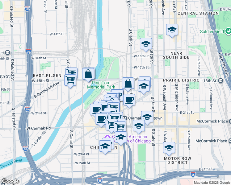map of restaurants, bars, coffee shops, grocery stores, and more near 1929 South Wells Street in Chicago