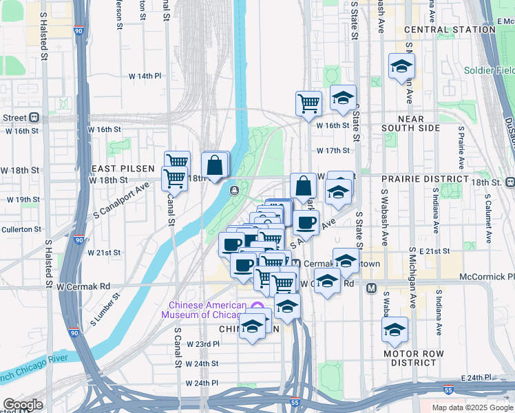 map of restaurants, bars, coffee shops, grocery stores, and more near 1929 South Wells Street in Chicago