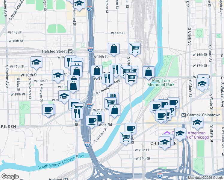 map of restaurants, bars, coffee shops, grocery stores, and more near 1924 South Jefferson Street in Chicago