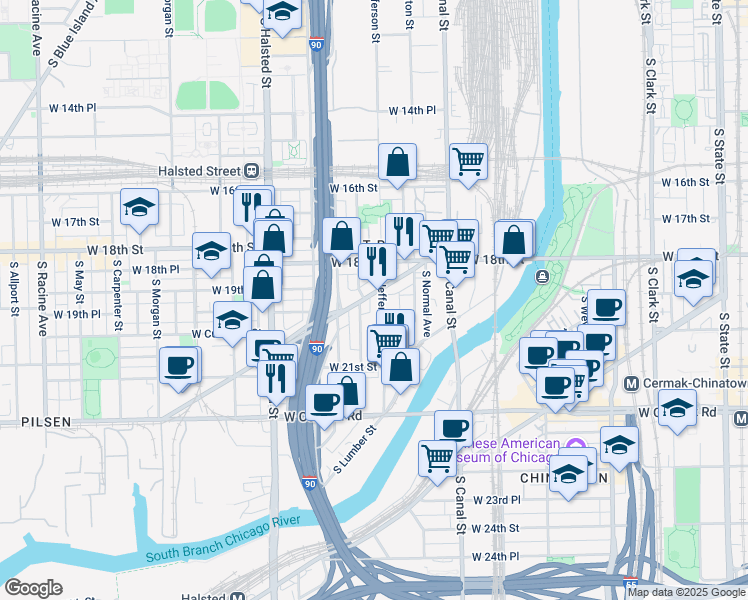 map of restaurants, bars, coffee shops, grocery stores, and more near 1924 South Jefferson Street in Chicago