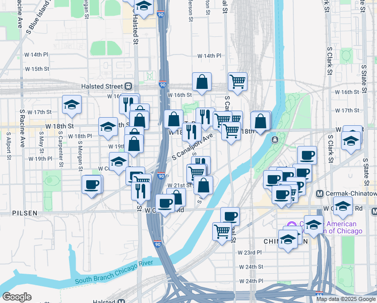map of restaurants, bars, coffee shops, grocery stores, and more near 1924 South Jefferson Street in Chicago