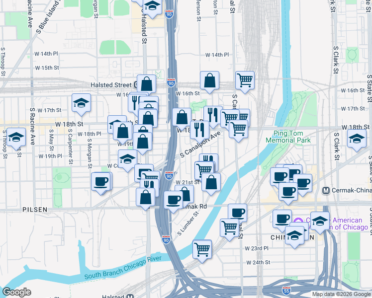 map of restaurants, bars, coffee shops, grocery stores, and more near 1949 South Canalport Avenue in Chicago