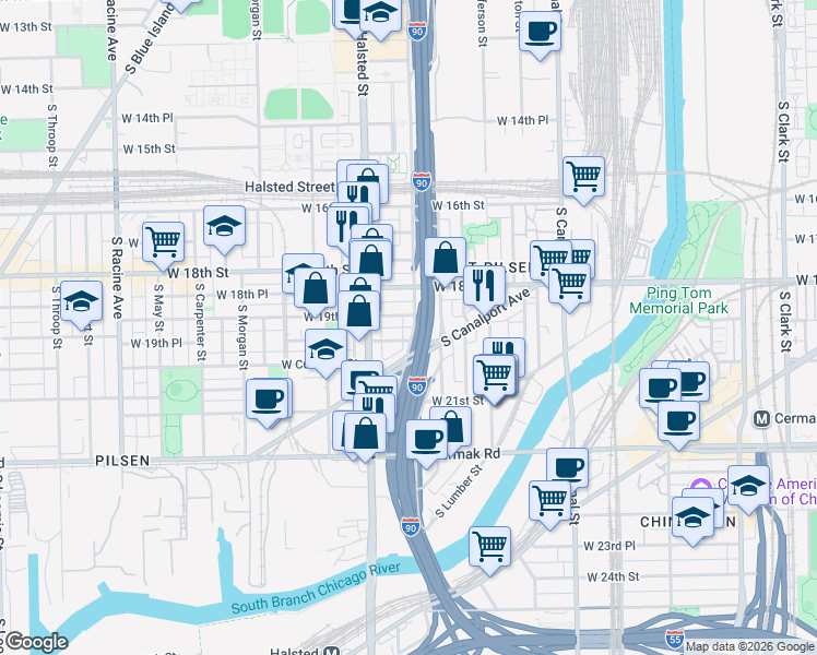 map of restaurants, bars, coffee shops, grocery stores, and more near 702 West 19th Place in Chicago