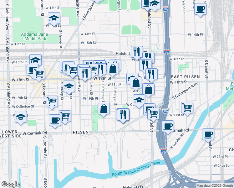 map of restaurants, bars, coffee shops, grocery stores, and more near 1922 South Shelby Court in Chicago