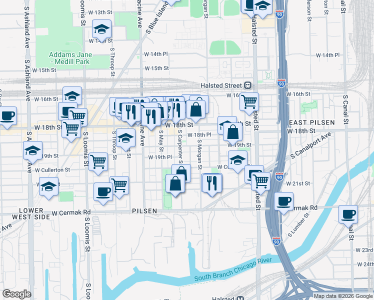 map of restaurants, bars, coffee shops, grocery stores, and more near in Chicago