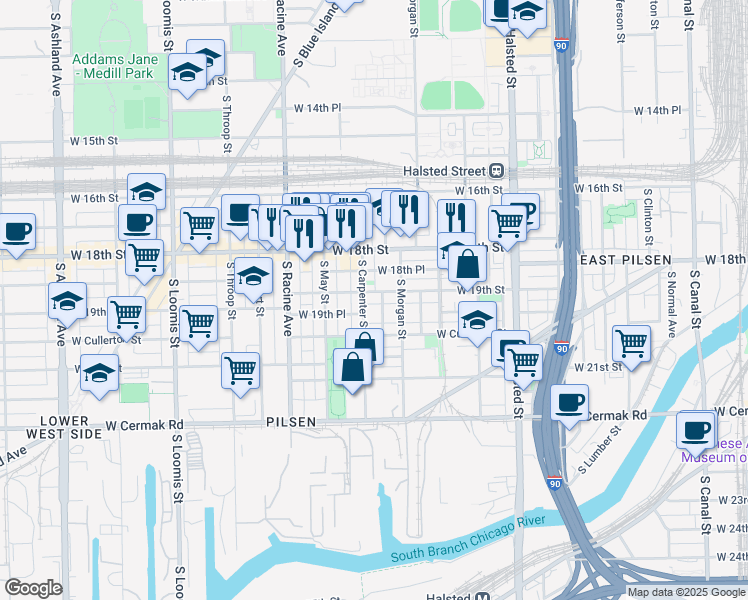 map of restaurants, bars, coffee shops, grocery stores, and more near 1920 South Miller Street in Chicago