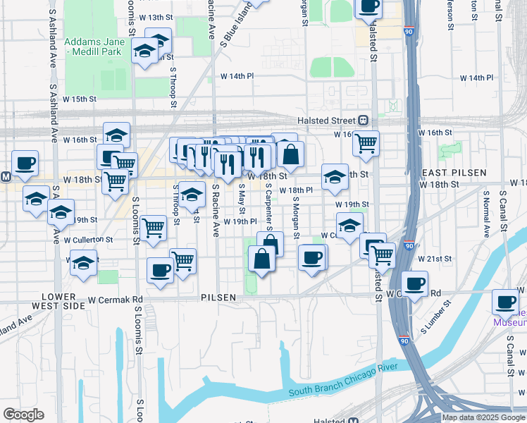 map of restaurants, bars, coffee shops, grocery stores, and more near 1120 West 19th Place in Chicago