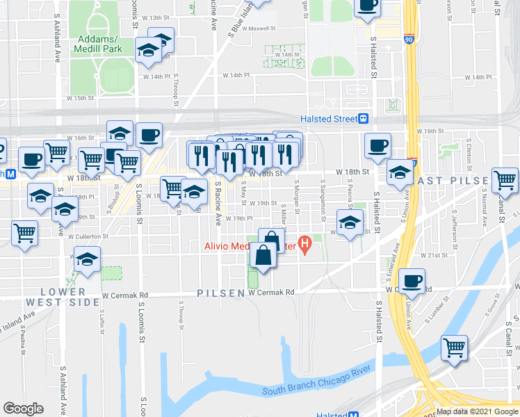 map of restaurants, bars, coffee shops, grocery stores, and more near 1120 West 19th Place in Chicago
