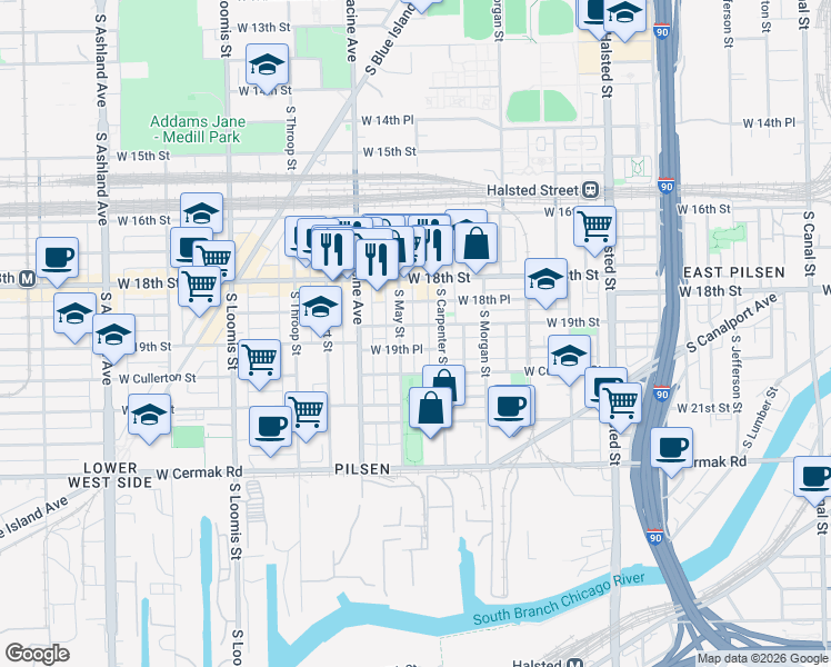 map of restaurants, bars, coffee shops, grocery stores, and more near 1120 West 19th Place in Chicago