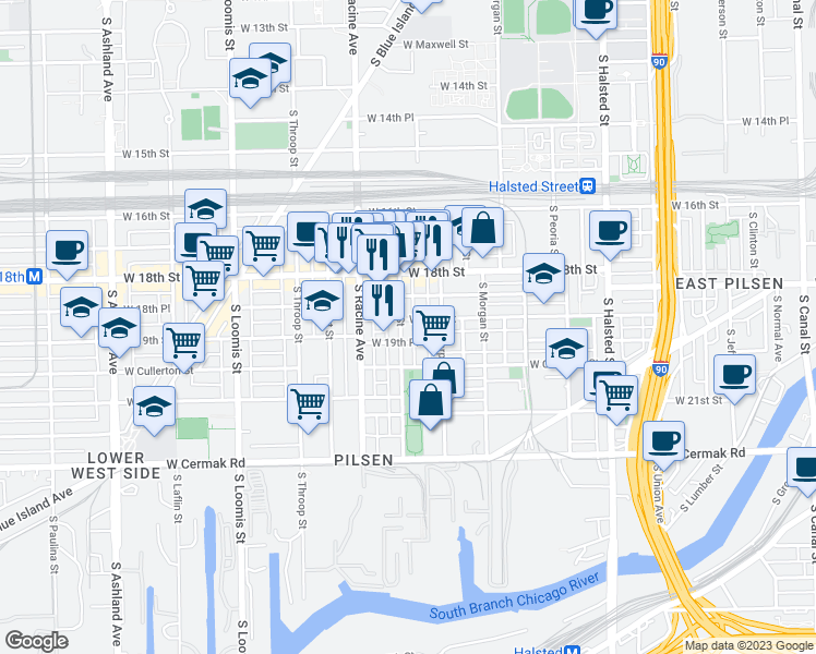 map of restaurants, bars, coffee shops, grocery stores, and more near 1120 West 19th Place in Chicago