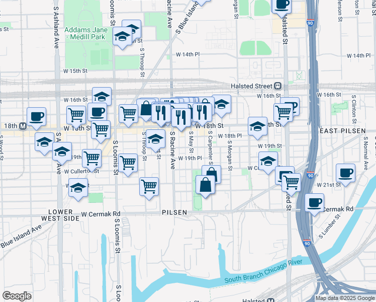 map of restaurants, bars, coffee shops, grocery stores, and more near 1160 West 19th Place in Chicago