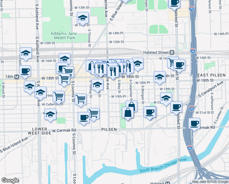 map of restaurants, bars, coffee shops, grocery stores, and more near 1160 West 19th Place in Chicago