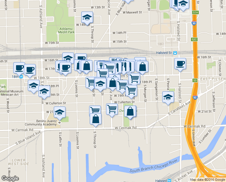 map of restaurants, bars, coffee shops, grocery stores, and more near 1160 West 19th Place in Chicago