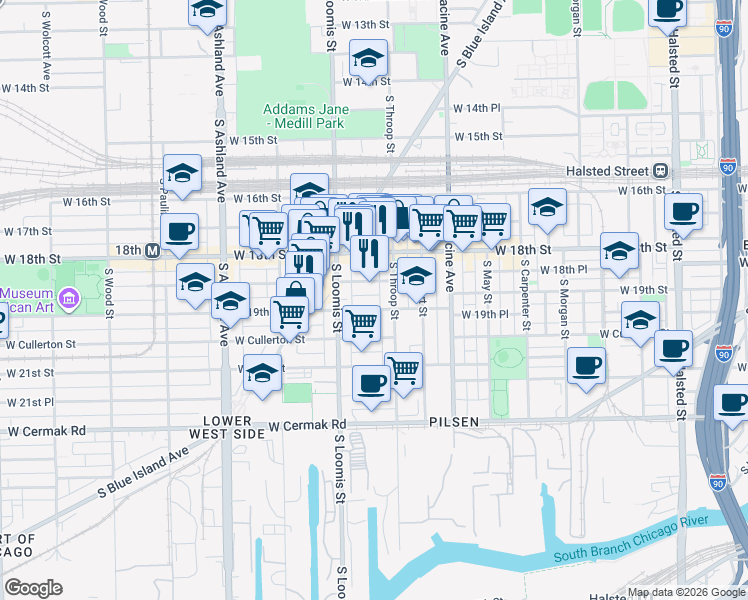 map of restaurants, bars, coffee shops, grocery stores, and more near 1329 West 19th Street in Chicago
