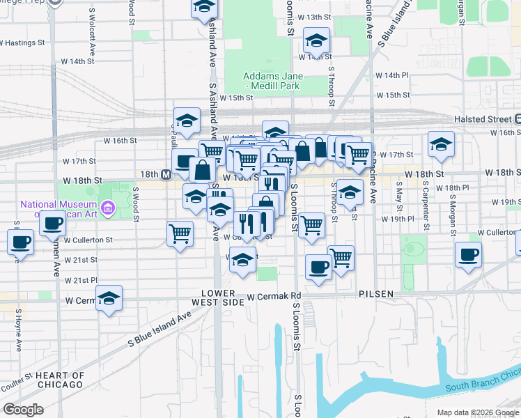 map of restaurants, bars, coffee shops, grocery stores, and more near 1453 West 19th Street in Chicago