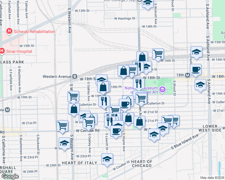 map of restaurants, bars, coffee shops, grocery stores, and more near 2126 West 19th Street in Chicago