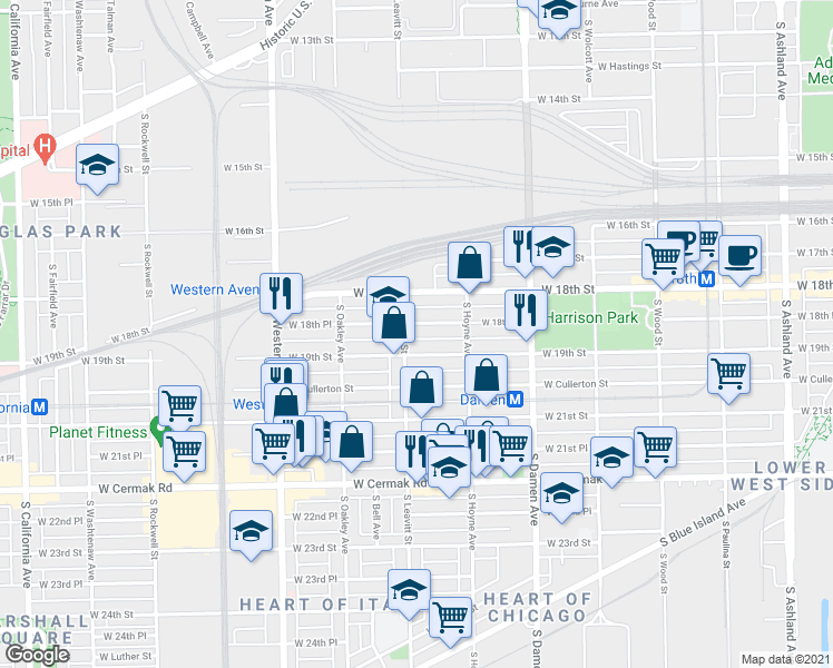map of restaurants, bars, coffee shops, grocery stores, and more near 2200 West 19th Street in Chicago