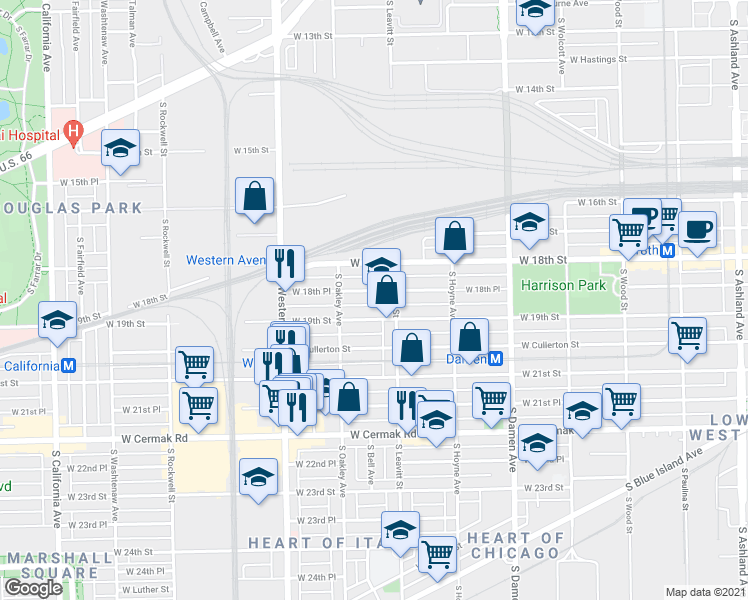 map of restaurants, bars, coffee shops, grocery stores, and more near 2240 West 19th Street in Chicago