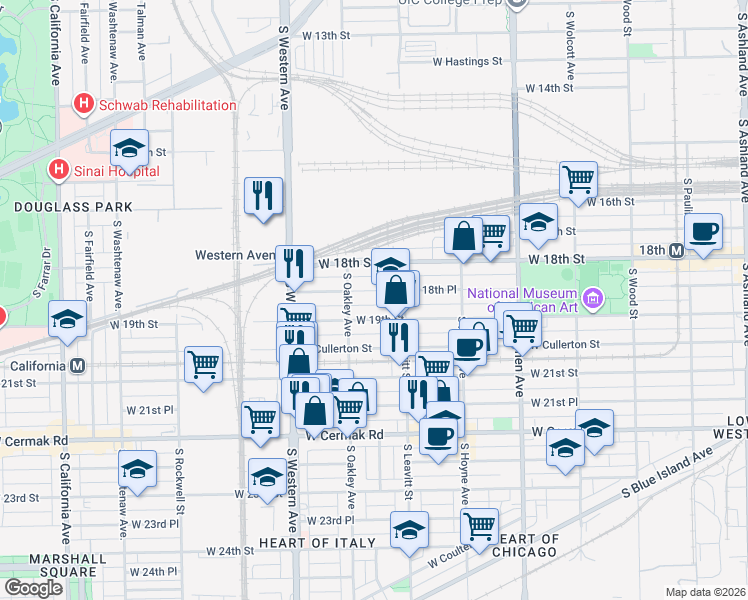 map of restaurants, bars, coffee shops, grocery stores, and more near 2240 West 19th Street in Chicago