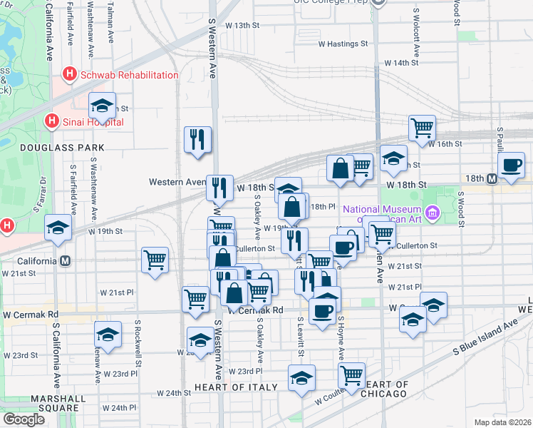 map of restaurants, bars, coffee shops, grocery stores, and more near 2240 West 19th Street in Chicago