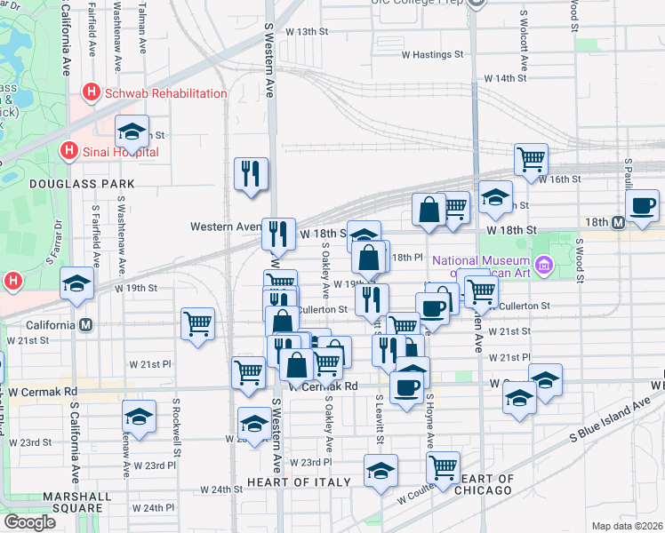 map of restaurants, bars, coffee shops, grocery stores, and more near 2240 West 19th Street in Chicago