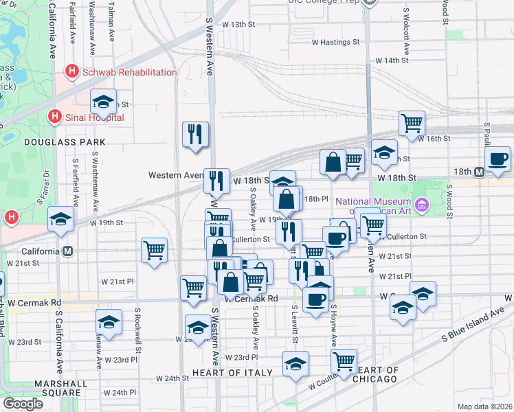 map of restaurants, bars, coffee shops, grocery stores, and more near 2240 West 19th Street in Chicago