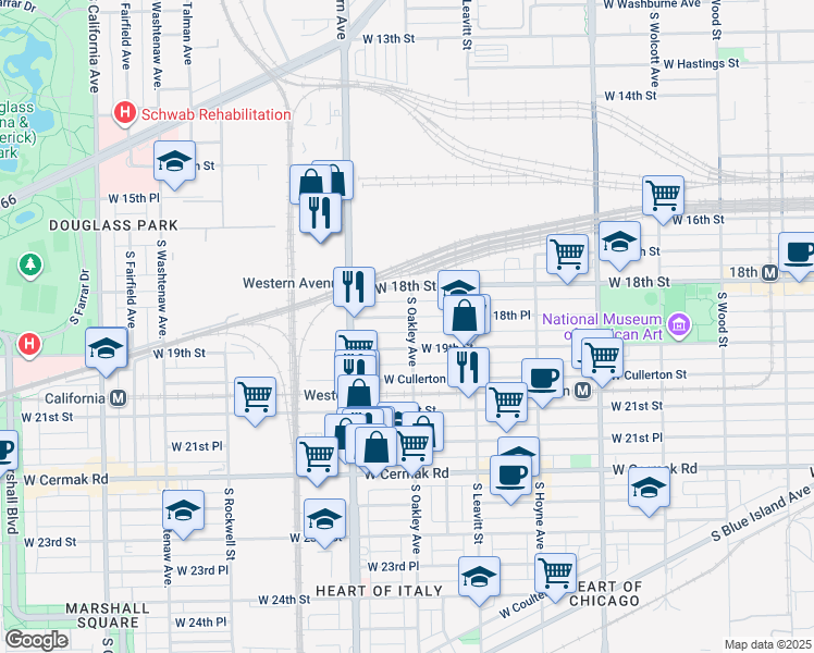 map of restaurants, bars, coffee shops, grocery stores, and more near 2316 West 19th Street in Chicago