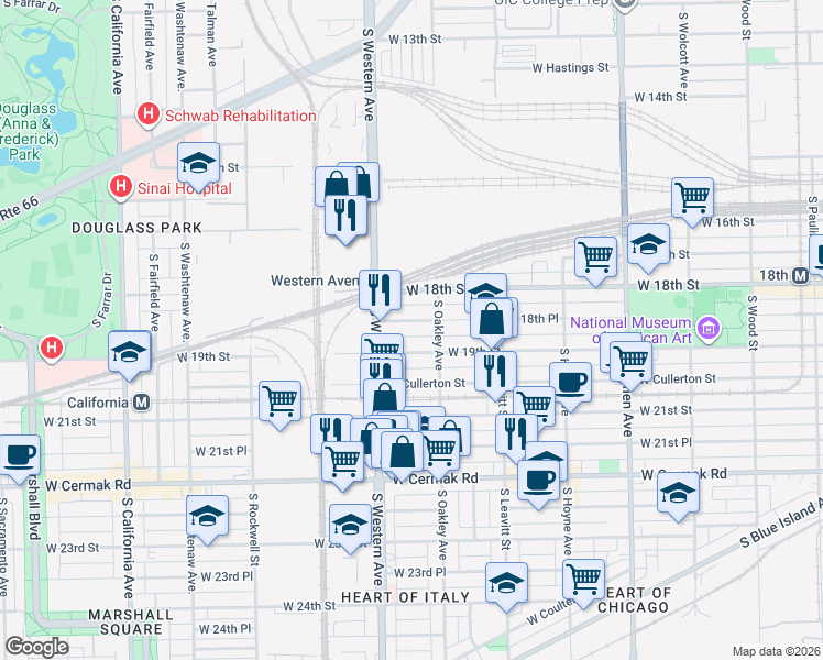 map of restaurants, bars, coffee shops, grocery stores, and more near 2316 West 19th Street in Chicago