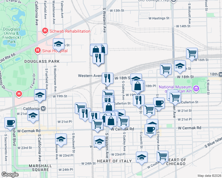 map of restaurants, bars, coffee shops, grocery stores, and more near 1853 South Western Avenue in Chicago